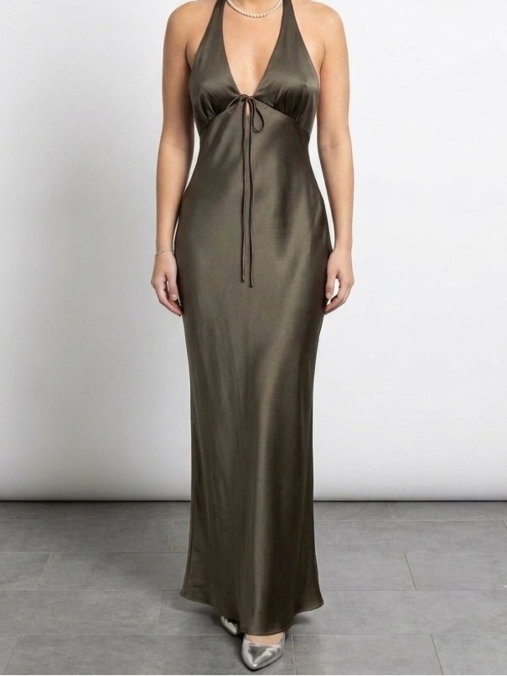Zara Satin Halter Slip Maxi Dress in Dark Olive - XS